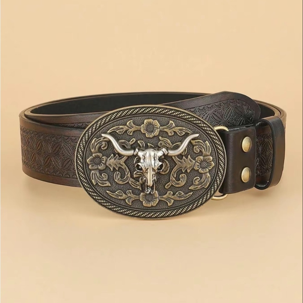Western Style Brown Belt with Bull Skull Buckle